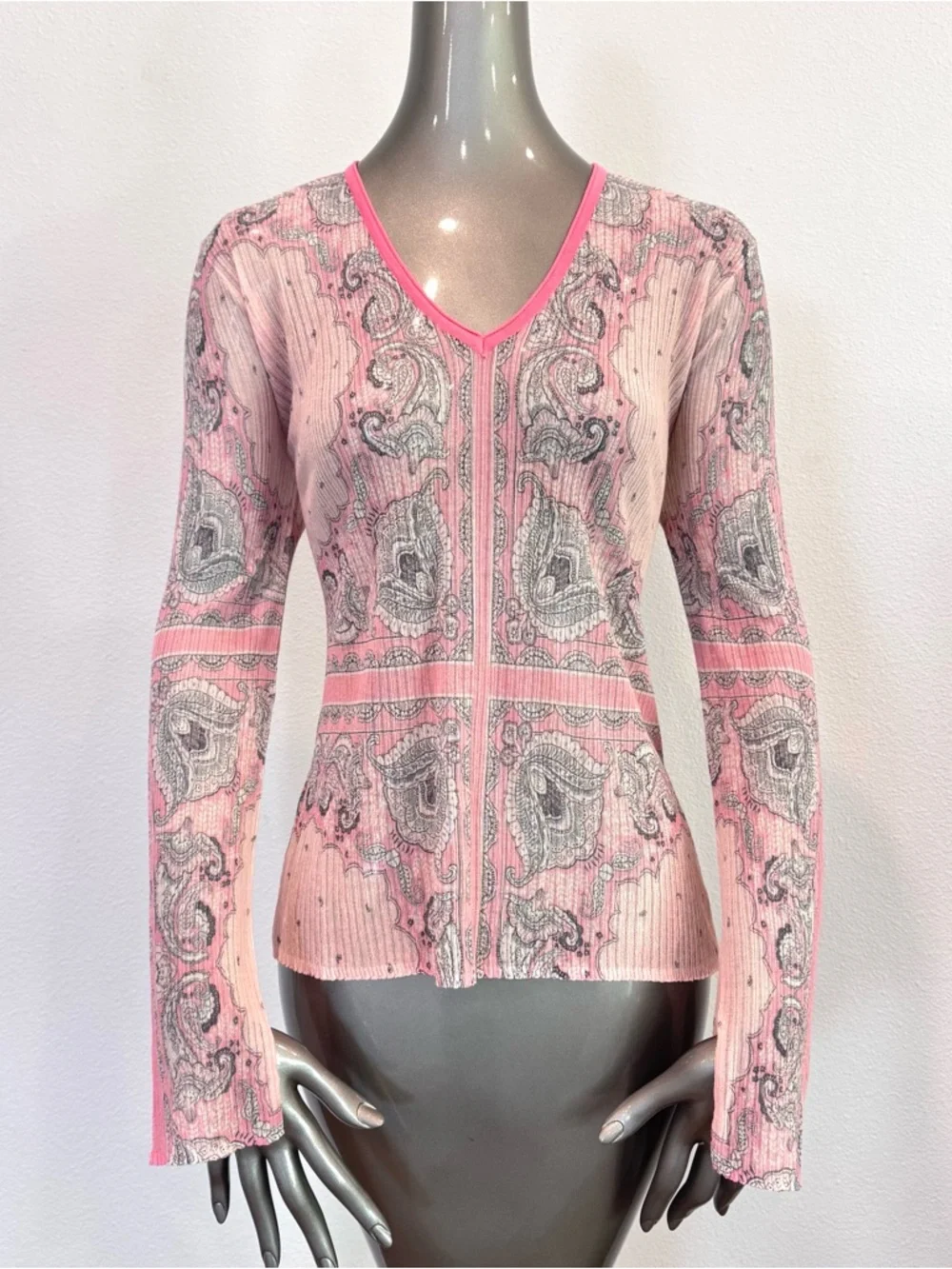 Twinset Milano XL Pink Paisley Ribbed Knit Stretch Top NWT Italy - Picture 3 of 16
